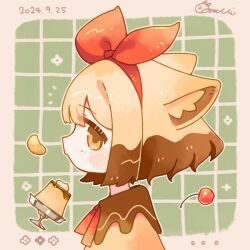 1girl animal_ear_fluff animal_ears blonde_hair blush_stickers bow_hairband brown_hair cat_ears cat_girl cherry collared_shirt commentary_request dated food fruit grid_background hairband multicolored_hair neck_ribbon orange_(fruit) orange_eyes orange_slice original portrait profile pudding ribbon shirt short_hair solo sorata123