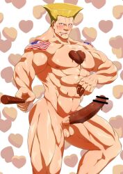 1boy abs arm_tattoo ass bar_censor bara blonde_hair blue_eyes blush candy censored chocolate chocolate_heart chocolate_on_body chocolate_on_penis chocolate_syrup erection feet_out_of_frame food food_on_body guile heart karakuraax large_pectorals large_penis looking_at_viewer male_focus manly mature_male muscular muscular_arms muscular_legs muscular_male nipples pectorals penis pocky smirk solo street_fighter tattoo testicles thighs tongue tongue_out white_background