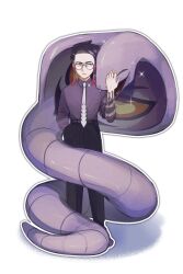 1boy ^_^ arbok arm_up belt black_belt black_pants closed_eyes collared_shirt commentary_request corbeau_(pokemon) da_mapm fangs forked_tongue full_body gen_1_pokemon glasses hand_in_pocket hand_on_another&#039;s_head highres looking_to_the_side male_focus nintendo open_mouth pants parted_hair parted_lips pokemon pokemon_(creature) pokemon_legends:_arceus purple_hair purple_shirt round_eyewear sharp_teeth shirt shirt_tucked_in short_hair sideways_glance simple_background solo sparkle sparkling_aura standing tassel teeth tongue white_background wing_collar