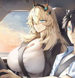 1boy 1girl absurdres barghest_(fate) black_hair black_jacket blonde_hair blue_shirt breasts car_interior cleavage driving fate/grand_order fate_(series) fujimaru_ritsuka_(male) green_eyes highres horns huge_breasts jacket long_hair long_sleeves obazzotto seatbelt shirt short_hair short_sleeves smile steering_wheel white_shirt