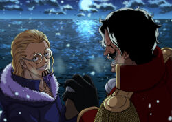 2boys aged_down black_gloves blonde_hair closed_eyes cloud cloudy_sky collarbone epaulettes facial_hair glasses gloves goatee gol_d._roger highres holding male_focus moon multiple_boys musasabiop mustache ocean one_piece pectorals pirate round_eyewear scar scar_across_eye scar_on_face short_hair silvers_rayleigh sky winter_clothes