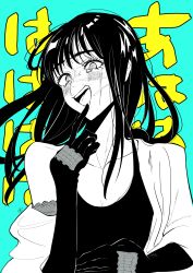 1girl absurdres aqua_background chainsaw_man crck elbow_gloves facial_scar gloves greyscale_with_colored_background highres jacket laughing long_hair looking_at_viewer open_mouth ringed_eyes scar scar_on_cheek scar_on_face scar_on_nose solo tank_top tearing_up teeth yoru_(chainsaw_man)