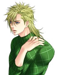 1boy argyle_clothes argyle_sweater blonde_hair blue_eyes diego_brando green_shirt jojo_no_kimyou_na_bouken male_focus motia mullet shirt solo steel_ball_run sweater