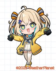 Rule 34 | 1girl, :d, ahoge, appare hinata, black neckerchief, black sailor collar, blue collar, blue eyes, blue hair, bow, brown hair, chibi, collar, drawstring, full body, grid background, hair bow, hair ornament, hairclip, highres, hood, hood down, hooded jacket, jacket, kadose ara, long sleeves, multicolored hair, neckerchief, open clothes, open jacket, open mouth, pleated skirt, puffy long sleeves, puffy sleeves, sailor collar, school uniform, serafuku, shirt, shoes, skirt, sleeves past fingers, sleeves past wrists, smile, solo, standing, star-shaped pupils, star (symbol), streaked hair, symbol-shaped pupils, thighhighs, twintails, v-shaped eyebrows, virtual youtuber, weather planet, white background, white serafuku, white shirt, white skirt, white thighhighs, yellow jacket, yellow shoes