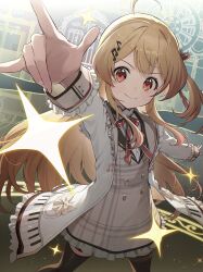 1girl ahoge blonde_hair brown_dress brown_sailor_collar dress fortissimo frilled_jacket frilled_sailor_collar frills hair_ornament hair_ribbon highres hololive hololive_dev_is jacket long_hair mitohas musical_note musical_note_hair_ornament one_side_up otonose_kanade otonose_kanade_(1st_costume) piano_keys plaid_clothes plaid_dress red_eyes red_ribbon ribbon sailor_collar shirt smile solo sparkle thighhighs virtual_youtuber white_jacket