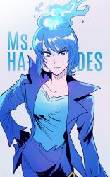 1girl airagency1005 ancient_greek_clothes animification blue_fire blue_hair blue_lips disneyland fiery_hair fire formal_clothes greco-roman_clothes highres himation lipstick long_sleeves looking_at_viewer makeup ms._hades simple_background solo suit
