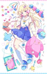 Rule 34 | 1girl, absurdres, bandaid, bandaid on knee, bandaid on leg, blonde hair, blue bow, blue nails, blue shoes, blue skirt, blush, bow, bowtie, can, candy, closed mouth, d-pad, drink can, food, frilled sailor collar, frills, full body, hair bow, hand up, headphones, heart, highres, kneehighs, lollipop, long hair, long sleeves, looking at viewer, multicolored nails, nail polish, original, pink bow, pink nails, polka dot, polka dot socks, sailor collar, shirt, shoes, simple background, skirt, smile, socks, solo, striped bow, swirl lollipop, toy train, tsukiyo (skymint), white background, white sailor collar, white shirt, white socks, yellow bow, yellow bowtie