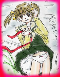 1girl black_dress blush bow bow_panties brown_eyes brown_hair cardigan collarbone crotch_seam dress fukuzawa_yumi hair_ribbon long_hair long_sleeves looking_at_viewer maria-sama_ga_miteru neckerchief open_cardigan open_clothes open_mouth panties pink_bow ribbon school_uniform smile standing su_(pixiv_263717) twintails underwear white_neckerchief white_panties wind wind_lift yellow_cardigan yellow_ribbon