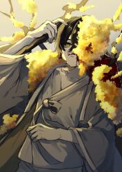 1boy 44se2dan black_hair blood blood_on_face blood_on_flower branch bush e.g.o_(project_moon) flower grey_robe hair_between_eyes hand_on_own_hip holding holding_branch holding_weapon index_finger_raised limbus_company lying male_focus on_back one_eye_covered project_moon robe solo spicebush_(e.g.o) sunlight technology_liberation_alliance_(identity)_(project_moon) weapon yellow_eyes yi_sang_(project_moon)