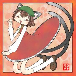 1girl :3 :d animal_ear_fluff animal_ear_piercing animal_ears border bow bowtie brown_eyes brown_hair cat_ears cat_tail chen commentary_request earrings fingernails flat_chest full_body green_hat hand_up hat highres jewelry kneehighs light_blush long_sleeves looking_at_viewer looking_to_the_side mob_cap multiple_tails nekomata noodle_legs open_mouth outside_border paw_print paw_print_background pink_background puffy_long_sleeves puffy_sleeves red_border red_skirt red_vest sharp_fingernails shishi_(kuroear99) short_hair simple_background single_earring skirt skirt_set smile socks solo tail touhou two_tails vest white_socks