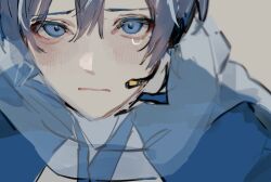Rule 34 | 0qktb, 1boy, blue hair, blue scarf, blush, closed mouth, commentary request, grey background, hair between eyes, headset, kaito (vocaloid), looking at viewer, male focus, sanpaku, scarf, simple background, solo, tears, unfinished, upper body, vocaloid