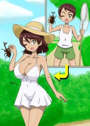 10_ji_lay 1girl breasts brown_hair butterfly_net cleavage collarbone covered_navel dress girls_und_panzer green_eyes green_shorts hand_net hat large_breasts multiple_views one_eye_closed open_mouth outdoors rhinoceros_beetle shirt short_hair shorts sky smile straw_hat tomboy tristana_(girls_und_panzer) white_dress white_shirt wink