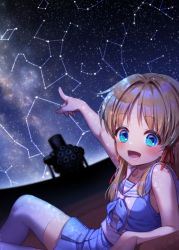 1girl :d absurdres alternate_costume armpits blonde_hair blue_eyes blush collarbone constellation dating happy highres looking_at_viewer milky_way moriya_suwako night night_sky nora_wanko open_mouth planetarium pointing pointing_up sagittarius_(constellation) sailor_collar shirt skirt sky sleeveless sleeveless_shirt smile solo star_(sky) starry_sky thighhighs touhou white_thighhighs