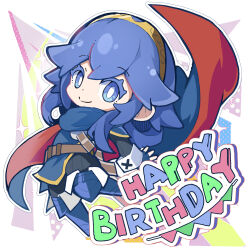 1girl blue_gloves cape chibi chibi_only closed_mouth fingerless_gloves fire_emblem fire_emblem_awakening full_body gloves hair_between_eyes happy_birthday highres long_hair long_sleeves looking_at_viewer lucina_(fire_emblem) nintendo ryoto_soukyuu smile solo tiara