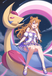 1girl 1other absurdres breasts brown_hair cleavage cresselia gen_4_pokemon highres konoe_kanata legendary_pokemon long_hair long_sleeves love_live! love_live!_nijigasaki_high_school_idol_club medium_breasts nintendo one_eye_closed open_mouth pokemon purple_eyes solo tsukimi_seiya