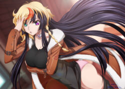 1girl ass belt black_hair breasts choker coat code_geass code_geass:_dakkan_no_roze fur-trimmed_coat fur_trim green_eyes heterochromia jacket kaname_aomame large_breasts long_hair looking_at_viewer multicolored_hair open_clothes open_jacket open_mouth panties pink_panties purple_eyes solo sumeragi_sakuya thighs underwear wig