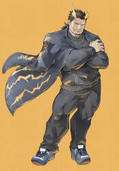 Rule 34 | 1boy, bara, black jacket, black track suit, bousouzoku, closed mouth, crossed arms, dark-skinned male, dark skin, delinquent, full body, gakuran, highres, inutora08, jacket, jacket on shoulders, lightning, looking at viewer, male focus, mature male, medium hair, muscular, muscular male, no eyebrows, ponytail, sanpaku, scar, scar across eye, scar on face, school uniform, shoes, sneakers, solo, standing, taishakuten (housamo), tokyo houkago summoners, track suit, veins, veiny hands, yellow background