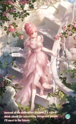 1girl angel_statue artist_request bare_legs branch breasts brown_eyes character_name cleavage copyright_name day dress english_text expressionless flower flower_dress frilled_sleeves frills full_body hair_bun hand_on_railing high_heels highres holding holding_wand logo long_dress looking_to_the_side nikki_(nikki) nikki_(series) official_art outdoors parted_lips pink_dress pink_flower pink_hair pink_rose pink_shoes rose rosy_bloom_(shining_nikki) second-party_source shade shining_nikki shoes short_hair_with_long_locks short_sleeves single_hair_bun solo stairs statue stiletto_heels swept_bangs tiara updo walking wand