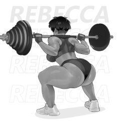 1girl absurdres ass barbell buruma eromamgasemsei3 exercising from_behind full_body highres huge_ass monochrome original short_hair shorts simple_background sports_bikini sports_bra squatting sweat thick_thighs thighs undercut