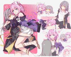 Rule 34 | !?, 2girls, ?, black coat, black gloves, black skirt, blue eyes, chibi, coat, cyrene (honkai: star rail), gloves, grey hair, hair ornament, heart, highres, honkai: star rail, honkai (series), hug, long sleeves, looking at another, medium hair, mem (honkai: star rail), multiple girls, multiple views, open clothes, open coat, open mouth, pink eyes, sandals, shirt, simple background, skirt, sleeves rolled up, smile, spoken question mark, stelle (honkai: star rail), thigh strap, trailblazer (honkai: star rail), white shirt, yajuu, yellow eyes