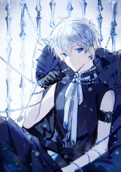 1boy arm_strap beads black_gloves black_pants black_shirt blue_eyes blue_theme commentary_request earrings gloves grey_hair hair_between_eyes hand_up highres jewelry male_focus matsunaka_hiro neck_ribbon original pants ribbon shirt short_hair sitting sleeveless sleeveless_shirt solo white_ribbon