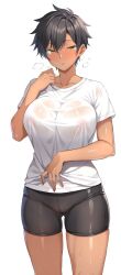 1girl bike_shorts black_hair black_shorts breasts breath collarbone covered_erect_nipples gluteal_fold large_breasts original ranhatu shirt short_hair short_sleeves shorts solo sweat sweaty_clothes tan white_background white_shirt yellow_eyes