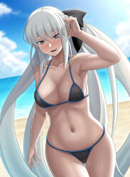 1girl bare_shoulders beach bikini black_bikini black_bow blue_eyes blue_sky blush bow braid breasts chuppa_(katotsuba) cleavage fate/grand_order fate_(series) grey_hair hair_bow large_breasts long_hair looking_at_viewer morgan_le_fay_(fate) navel open_mouth ponytail shore sidelocks sky smile solo swimsuit thighs very_long_hair