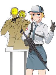 1girl absurdres aqua_eyes assault_rifle black_gloves blue_skirt character_request copyright_request gar32 gloves gun highres holding holding_gun holding_weapon long_skirt rifle skirt solo target_practice v weapon