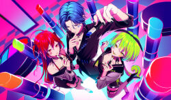 Rule 34 | 1boy, 2girls, ahoge, alternate costume, asymmetrical legwear, bare shoulders, belt, black belt, black boots, black dress, black nails, black pants, black ribbon, black shirt, black shoes, blue eyes, blue hair, boots, bra, bra strap, checkered floor, choker, collarbone, cosmetics, dress, from above, garter belt, green hair, grey sleeves, hair between eyes, hair ribbon, high heel boots, high heels, holding, holding lipstick tube, jacket, kaito (vocaloid), kasane teto, lace, lace-trimmed bra, lace trim, lipstick mark, lipstick tube, long hair, long sleeves, looking at viewer, mismatched legwear, multiple girls, nokuhashi, open mouth, pants, ponytail, red eyes, red hair, red lips, ribbon, ribbon choker, shirt, shoes, short dress, short hair, side slit, smile, standing, standing on one leg, thighhighs, tongue, tongue out, two side up, underwear, utau, vocaloid, voiceroid, voicevox, yellow eyes, yellow lips, zundamon