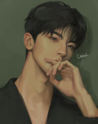 1boy adam&#039;s_apple aegyo_sal black_hair black_sleeves brown_eyes carolart0613 covered_mouth green_background hand_on_own_face highres lips looking_at_viewer male_focus nose original parted_bangs portrait short_hair simple_background solo
