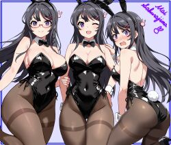1girl animal_ears ass backless_leotard bare_shoulders black_bow black_bowtie black_hair black_leotard black_pantyhose black_shoes blue_border blush border bow bowtie breasts character_name commentary_request commission covered_navel curvy detached_collar fake_animal_ears fake_tail glasses hair_ornament hairclip high_heels highres large_breasts leotard long_hair looking_at_viewer multiple_views one_eye_closed open_mouth pantyhose pixiv_commission playboy_bunny purple_background purple_eyes rabbit_ears rabbit_hair_ornament rabbit_tail sakurajima_mai seishun_buta_yarou semi-rimless_eyewear shoes simple_background strapless strapless_leotard tail thighband_pantyhose tokinin4 under-rim_eyewear wrist_cuffs