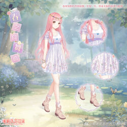1girl ankle_socks artist_request blunt_bangs boots bracelet brown_boots brown_eyes bug bush butterfly butterfly_net chinese_text clenched_hand close-up copyright_name dappled_sunlight dress eyelashes floral_print forest frilled_sleeves frilled_socks frills full_body hand_net happy head_wreath high_heel_boots high_heels highres insect jewelry light_blush light_particles light_rays lily_pad logo long_hair nature nikki_(nikki) nikki_(series) nikki_up2u2:_world_traveller official_art open_mouth outdoors pink_hair pleated_dress purple_sleeves river short_dress short_sleeves smile socks solo spring_waltz_(shining_nikki) standing sunlight teeth third-party_source translation_request tree very_long_hair watermark wavy_hair weibo_watermark white_dress white_socks