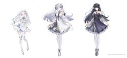 3girls absurdres black_dress black_hair blue_eyes cleavage_cutout clothing_cutout copyright_notice detached_sleeves dress frilled_dress frills full_body girls&#039;_frontline girls&#039;_frontline_neural_cloud highres multiple_girls neon_(zuicongming) odette_(neural_cloud) odile_(neural_cloud) official_art open_mouth red_eyes see-through_clothes see-through_sleeves siblings sisters smile thighhighs twintails watermark weibo_username weibo_watermark white_dress white_hair white_sleeves white_thighhighs