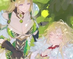 2girls bikini blonde_hair braid breasts crown crown_braid demeter_(fate) dress europa_(fate) fate/grand_order fate_(series) green_bikini large_breasts laurel_crown long_hair multiple_girls off-shoulder_dress off_shoulder purple_eyes sleeping smile swimsuit uda_(xax_057) white_dress