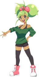 Rule 34 | 1girl, :d, antenna hair, black bra, black shorts, black thighhighs, boots, bra, breasts, dark-skinned female, dark skin, dot nose, double bun, full body, green eyes, green hair, green sweater, hair bobbles, hair bun, hair ornament, hand on own thigh, happy, looking at viewer, medium breasts, multicolored boots, nashirasauce, off-shoulder sweater, off shoulder, open hand, open mouth, original, outstretched arm, raised eyebrows, red boots, shorts, simple background, smile, solo, standing, sweater, tachi-e, teeth, thighhighs, three-quarter sleeves, transparent background, two-tone boots, underwear, upper teeth only, white boots, zettai ryouiki