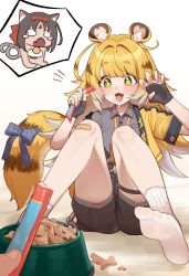 +_+ 2girls absurdres animal_ear_fluff animal_ears black_shorts blonde_hair blush bow cat_girl cat_tail colored_inner_hair crying crying_with_eyes_open erifan0 flat_chest gloves green_eyes grey_hair high-waist_shorts highres jacket ju_fufu long_hair multicolored_fur multicolored_hair multiple_girls nekomiya_mana open_mouth orange_fur shorts simple_background sitting socks spread_legs striped_fur striped_hair tail tail_bow tail_ornament tears tiger_ears tiger_girl tiger_tail white_background white_socks zenless_zone_zero