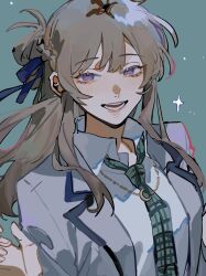1girl absurdres akmizuk blazer blue_background blue_ribbon blush braid brown_hair collared_shirt commentary commission english_commentary green_necktie grey_jacket hair_ribbon half_up_braid highres jacket long_hair necktie open_mouth purple_eyes ribbon school_uniform second-party_source sendai_hazuki shirt shuuniichido_classmate_wo_kau_hanashi simple_background smile solo upper_body white_shirt