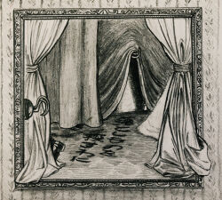 crocodile_(one_piece) curtains framed_image frilled_pants frills graphite_(medium) greyscale highres hook hook_hand inochichi marker_(medium) monochrome one_piece out_of_frame outside_border pants picture_frame shoe_soles shoes traditional_media translated wallpaper_(object)