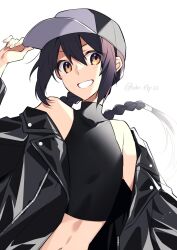 1other adjusting_clothes adjusting_headwear androgynous baseball_cap black_hair black_jacket braid crop_top ebi_fly_55 fate/samurai_remnant fate_(series) hat highres jacket leather leather_jacket long_braid navel off_shoulder sidelocks simple_background single_braid sleeveless sleeveless_turtleneck smile solo turtleneck white_background yamato_takeru_(fate) yellow_eyes