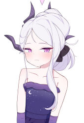 1girl absurdres akarenga blue_archive blush demon_girl demon_horns dress flat_chest gloves halo highres hina_(blue_archive) hina_(dress)_(blue_archive) horns long_hair looking_at_viewer off_shoulder purple_dress purple_eyes purple_gloves simple_background solo tears white_background white_hair