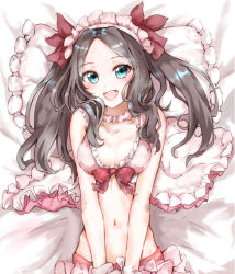 1girl alternate_costume babydoll blue_eyes blush bra breasts brown_hair choker collarbone fate/grand_order fate_(series) forehead hair_ribbon leonardo_da_vinci_(fate) leonardo_da_vinci_(fate/grand_order) leonardo_da_vinci_(rider)_(fate) long_hair looking_at_viewer navel open_mouth parted_bangs pillow pink_bra red_ribbon ribbon sasai_tuki sidelocks small_breasts smile solo twintails underwear