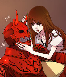 1boy 1girl angry armor black_eyes blouse brown_eyes brown_hair camisole grabbing_another&#039;s_head grabbing_another&#039;s_horns hana_(kamen_rider_den-o) kamen_rider kamen_rider_den-o_(series) momotaros monster monster_boy oni red_armor sharp_teeth shirt short_sleeves sweat sweatdrop teeth