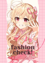 1girl absurdres aikatsu! aikatsu!_(series) blonde_hair blush bow brooch character_name dress dress_bow dress_ribbon english_text frilled_dress frills grid_background grin hair_ribbon hands_up heart heart_brooch highres hoshimiya_ichigo idol idol_clothes jewelry jiu long_hair pink_dress pink_ribbon red_bow red_eyes ribbon short_sleeves smile solo straight_hair