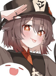 1girl alternate_hairstyle blush boo_tao_(genshin_impact) brown_hair flower-shaped_pupils genshin_impact gya_(144) hair_between_eyes hat highres hu_tao_(genshin_impact) looking_at_viewer medium_hair red_eyes short_hair smile symbol-shaped_pupils tongue tongue_out twintails