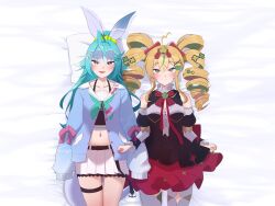Rule 34 | 2girls, anchor, azuri delfi, bed, bed sheet, belly, blonde hair, blue hair, bow, breasts, closed mouth, clover, clover hair ornament, commission, cup, door, dress, drill hair, frog, frog hair ornament, hair bow, hair ornament, hair ribbon, highres, indoors, knee up, knees up, lamp, long hair, looking at viewer, lying, mug, multiple girls, navel, nophilia, on back, on bed, pillow, ribbon, room, short hair, skirt, small breasts, smile, table, thighhighs, thighs, virtual youtuber
