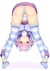 1girl :o ankle_grab ass bent_over commentary_request d-pad d-pad_hair_ornament daiaru female_focus full_body hair_ornament hood hooded_jacket jacket long_sleeves looking_at_viewer neptune_(neptunia) neptune_(series) no_shoes panties purple_eyes purple_hair short_hair simple_background solo staring striped_clothes striped_panties striped_thighhighs thighhighs thighs underwear upside-down upskirt usb white_background