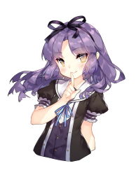 1girl arm_at_side black_jacket black_ribbon blue_ribbon blush closed_mouth commentary_request eiyuu_densetsu falcom female_focus finger_to_mouth fingernails hair_ribbon index_finger_raised jacket long_hair looking_at_viewer puffy_short_sleeves puffy_sleeves purple_hair purple_vest renne_(eiyuu_densetsu) ribbon saru sen_no_kiseki_(series) sen_no_kiseki_i shirt short_sleeves shushing simple_background smile solo sora_no_kiseki upper_body vest white_background white_shirt yellow_eyes