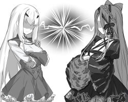 Rule 34 | 2girls, aiguillette, bow, braid, breasts, choker, crossed arms, das (dan dan), dress, fate/grand order, fate (series), greyscale, hair between eyes, highres, long hair, long sleeves, melusine (fate), melusine (second ascension) (fate), monochrome, multiple girls, shaded face, sidelocks, small breasts, typhon ephemeros (fate), very long hair, wide sleeves