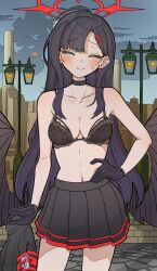 1girl absurdres armband black_bra black_gloves black_hair black_serafuku black_skirt black_wings blue_archive blush bra breasts choker closed_eyes closed_mouth gloves hair_ornament hairclip halo hand_on_own_hip happy_jolson highres ichika_(blue_archive) lace lace_bra long_hair low_wings medium_breasts no_shirt pleated_skirt red_armband red_halo school_uniform serafuku skirt solo underwear undressing wings