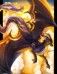 above_clouds animal_ears artist_name black_scales black_wings claws closed_mouth cloud cloudy_sky colored_sclera commission dragon flying full_body fur-tipped_tail grey_fur grey_scales highres hogara horns looking_to_the_side multiple_horns no_humans original outside_border pillarboxed scales skeb_commission sky slit_pupils smile solo tail water wings yellow_background yellow_eyes yellow_horns yellow_sclera yellow_sky